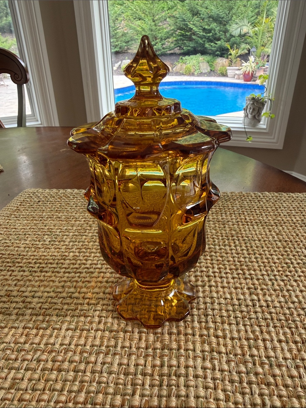 Fenton Amber Pressed Glass Valencia Footed Pedestal Lidded Candy Compote